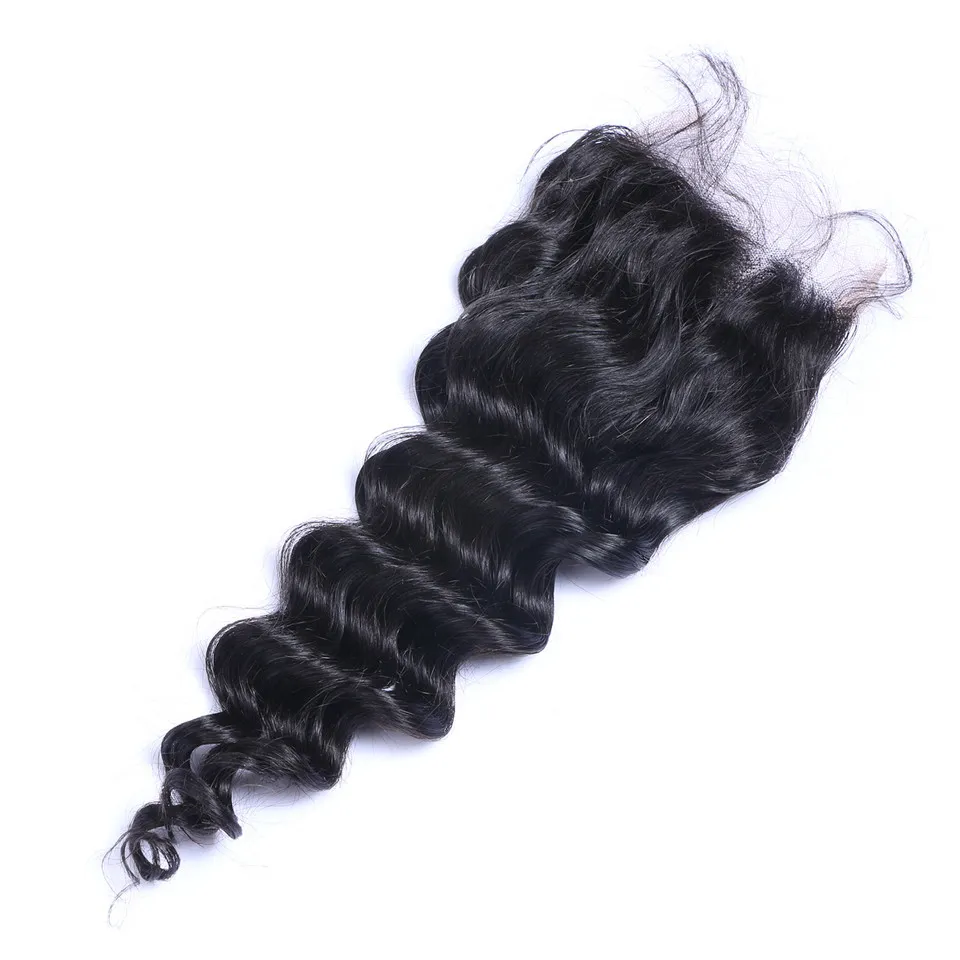 Onda profunda solta 4x4 Fechamentos de laço de cabelo humano Natural Natural Negra Branqueado Pré-arrancado