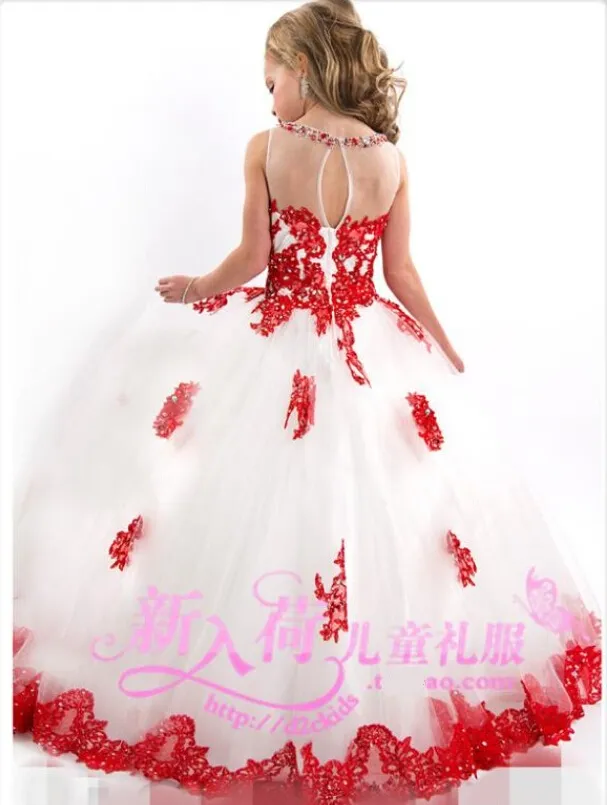 Abito da balloGioiello bambini Tulle bianco e applique in pizzo rosso con perline di cristallo Abiti da spettacolo ragazze Abiti da ragazza di fiori