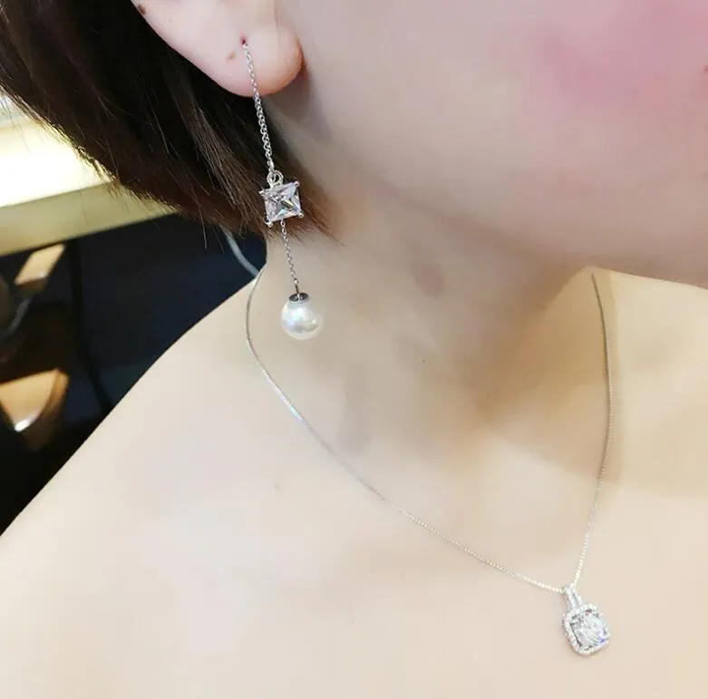 Simple Korean Fashion Jewelry 925 Sterling Silver Zirconia Round Cut Diamond CZ Gemstones Women Cute Chian Necklace Pendan2865