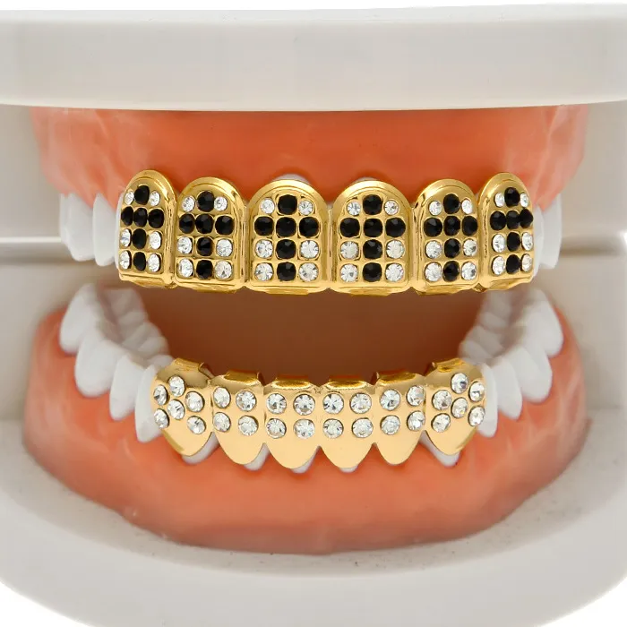 Accessori per feste cosplay hiphop CZ Crystal Bio Rame Oro Denti Grillz Caps Top & Bottom con ciondolo croce nera rossa_voghion.com