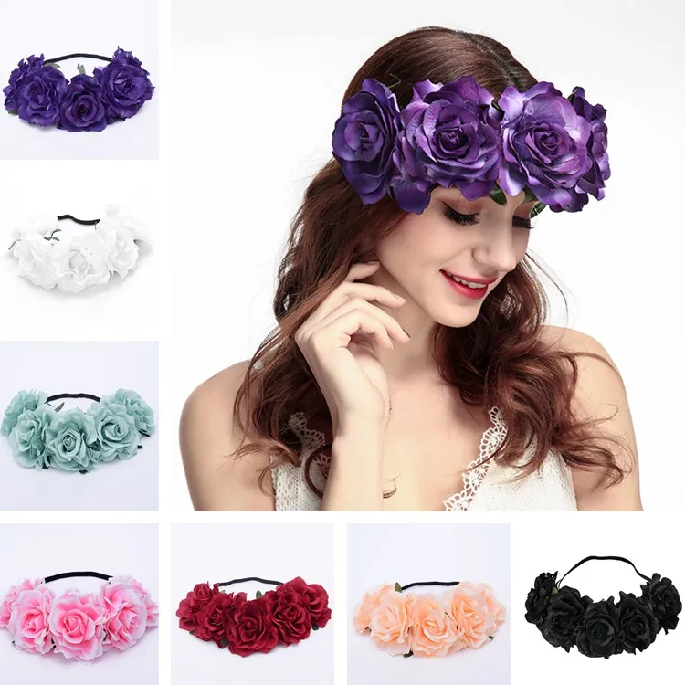 Hotkrans hårbågar Rose hårbälte Böhmen Handgjord Konstgjord kustblomma Hårbandskrona Bröllop Bridal Headdress Wreath T6i059