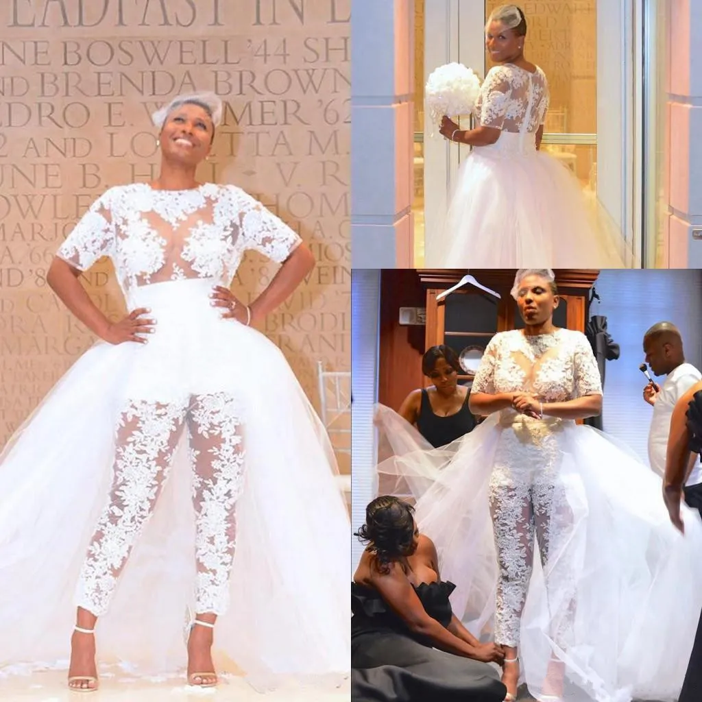 Wedding Jumpsuit Beach Dresses with Detachable Train See Through Lace Bodice Plus Size Nigerian African Bridal Gowns