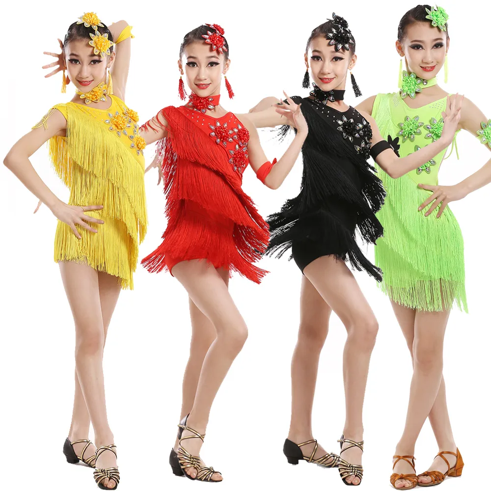 7 Colors Child Girls Sexy Latin Tassels Sequined dancing dress Kids Samba Competition Ballroom Salsa Latin dance wear costumes