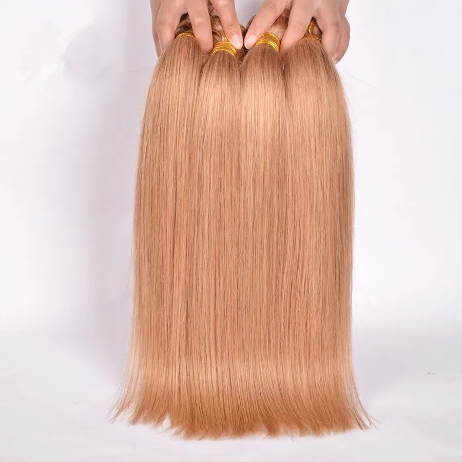 Honey Blonde Straight Hair Extension Color #27 Silk Straight Brazilian Virgin Unprocess Human Hair 3Bundles Strawberry Blonde Hair Weft