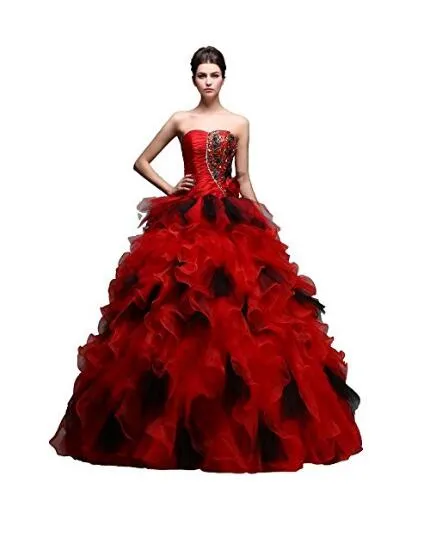 Robe de mariée robe de bal rouge et noire en couleurs cristaux perlés volants jupe princesse corset dos robes de mariée non blanches en ligne sur mesure Mad