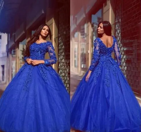 Vintage z długim rękawem Prom Dresses Royal Blue V Neck Zroszony Cekiny Koronkowe Aplikacje Puffy Tulle Evening Party Suknie Custom Made