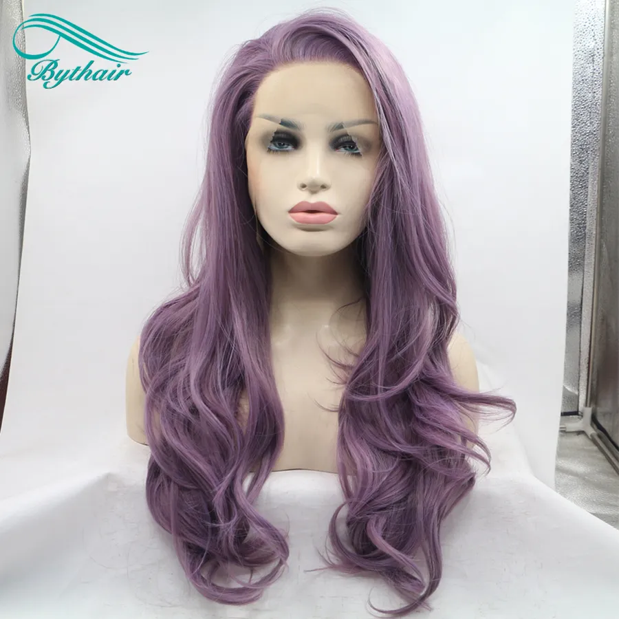 Bythairshop Long Body Wave Purple Color Synthetic Lace Front Wig Half Hand Tied Bouncy Heat Resistant Fiber Hair Cosplay Wig