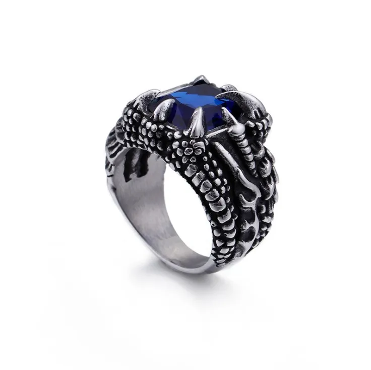 Punk Rock Mäns Vintage Dragon Claw Ring Titanium Rostfritt Stål Biker Ringar För Man CZ Stone Red Blue White Crystal Smycken