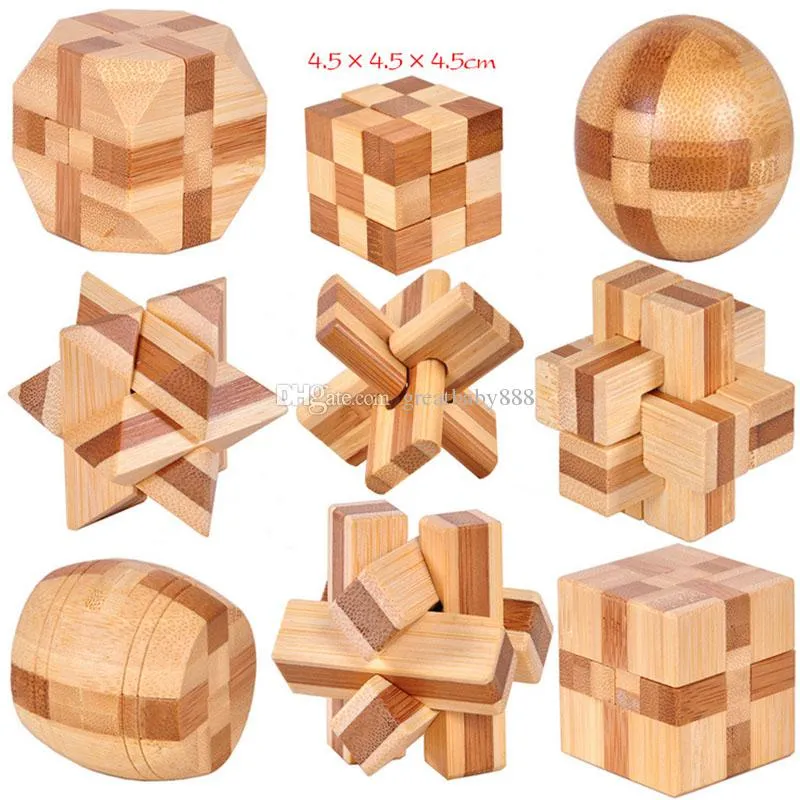 2018 Ny klassisk 3D IQ Wooden Brain Puzzle Toys Bamboo Interlocking Pussel Game 3D Kong Ming Lock 9 stilar c3407