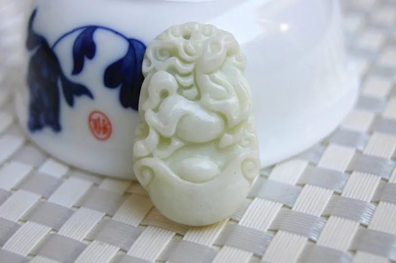 Hand-carved - natural white flying yellow jade zodiac horse, goat jade. Amulet - pendant necklace.