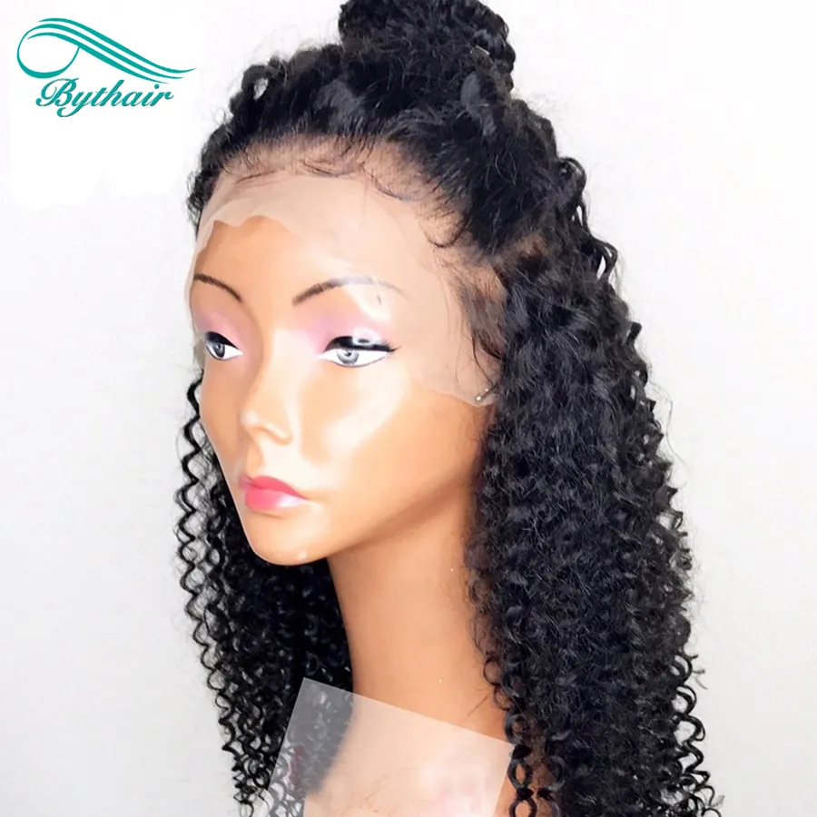 Bythair 13x6 HD Transparent Lace Front Human Hair Wigs Natural Black Color For Women Curly With Baby Hairs Bleached Knots4029040