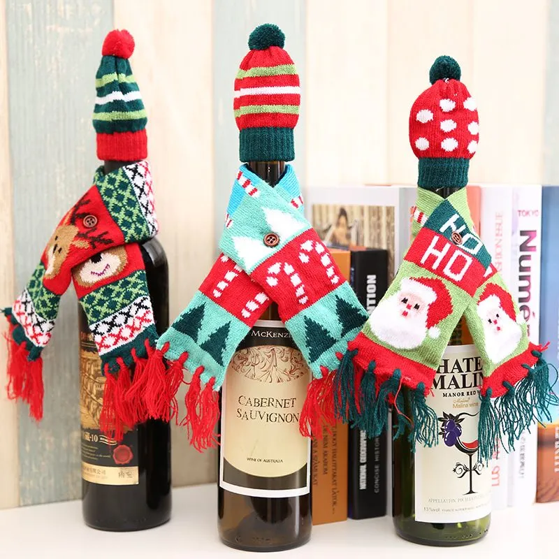 Mini Chapéu De Natal Cachecol Tampa Da Garrafa De Vinho Tinto Papai Noel Árvore De Natal Elk Dot Stripe Chapéu Cachecol Mesa de Jantar Decoração