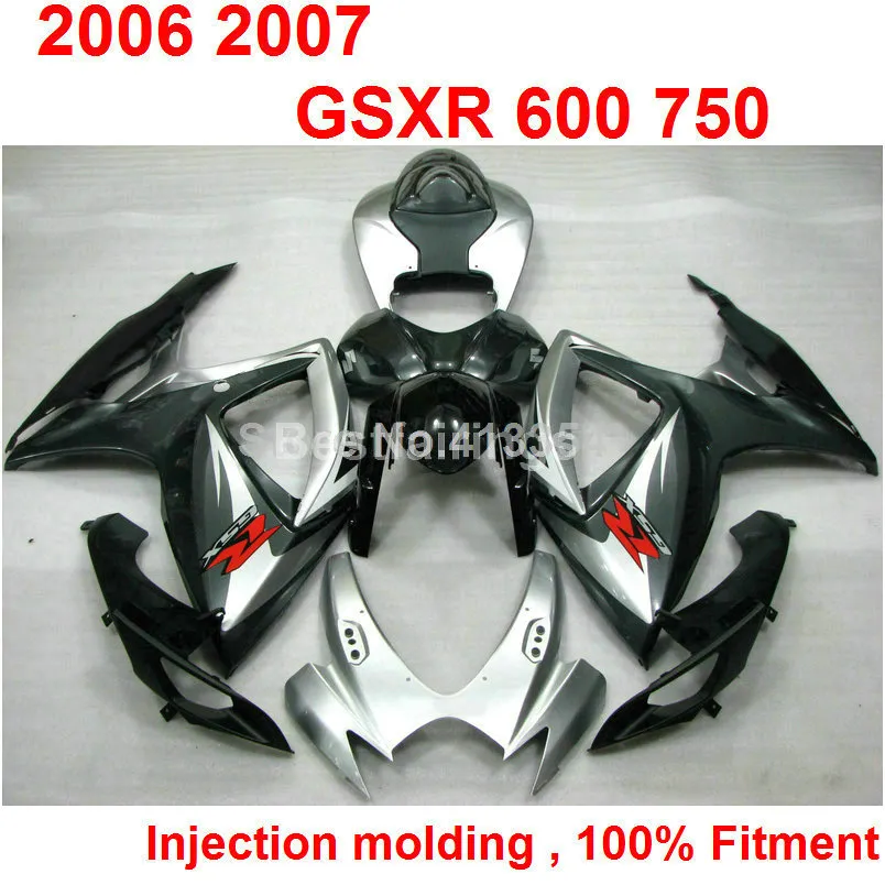 SUZUKI GSXR600 용 사출 성형 페어링 키트 GSXR750 2006 년 2007 년 블랙 실버 페어링 GSXR 600 750 06 07 WW23