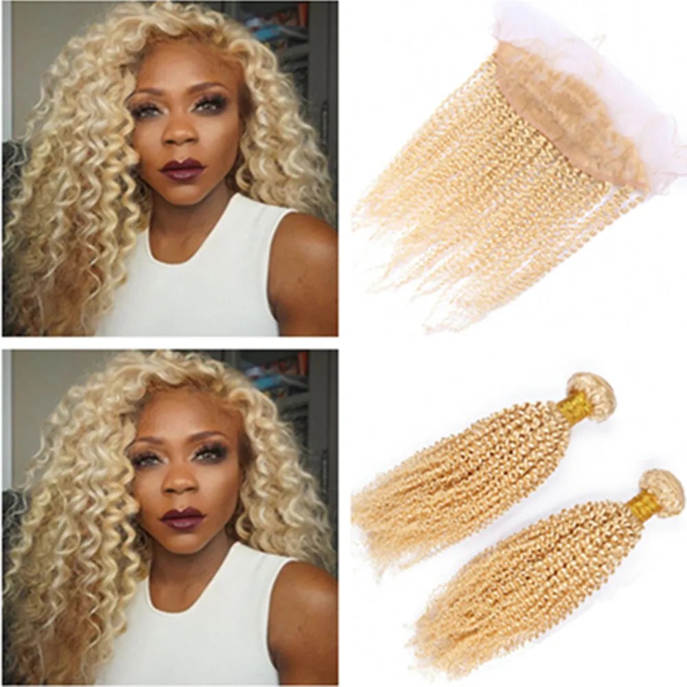 Kinky Curly Indian Virgin Human Hair # 613 Blondynka Splot Wiązki 2 sztuk z Frontal Blonde 13x4 Koronki Frontal Zamknięcie z Weaves Włosy Weep