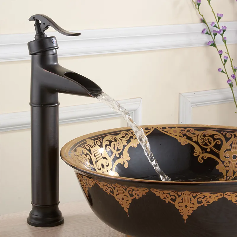 Haute cascade robinet mitigeur lavabo Vintage Bronze brossé Noir cuivre  Robinetterie monotrou Mitigeur lavabo robinet chaud