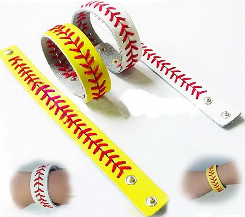 2018 n brazalete deportivo de béisbol de softball: brazalete de cuero de béisbol real, cuero de softball amarillo con costuras rojas, béisbol de cuero