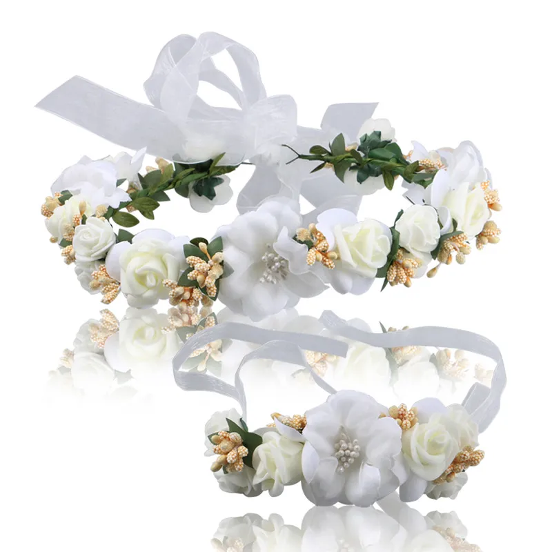 Flores de cabelo branco de noiva artificial e pulso para festa de casamento na praia bandana de dama de honra chique para noivas vestido de casamento estúdio