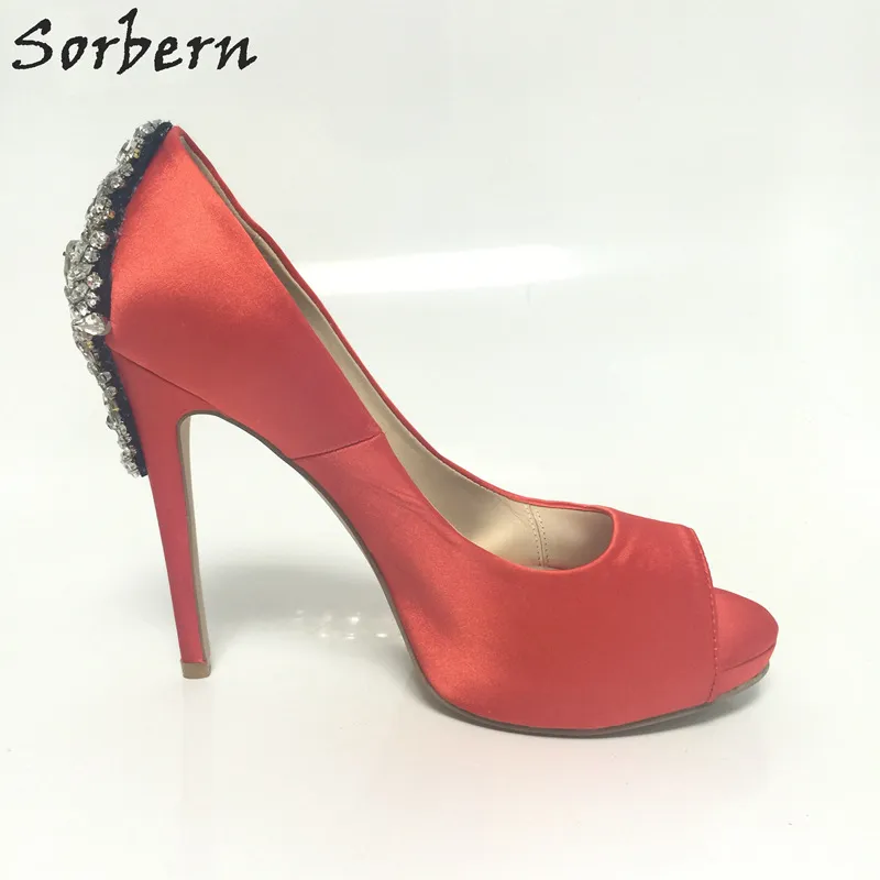 Sorbern Sapatos De Casamento De Cetim Vermelho Peep Toe Cristais Sapatos De Noiva Sapatos De Plataforma De Salto Alto Sapatos De Casamento Sapatos de Bombas Vestido Personalizado Cores 34-46