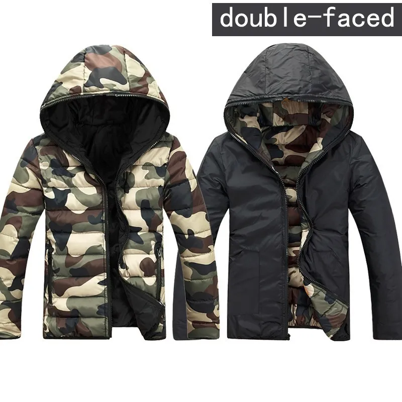 Gros-Mens Camouflage Vestes Hiver Hoodies réversible Double Face Vêtements Slim Vestes À Capuchon Manteaux Armée Vert / Rouge / Bleu 3XL