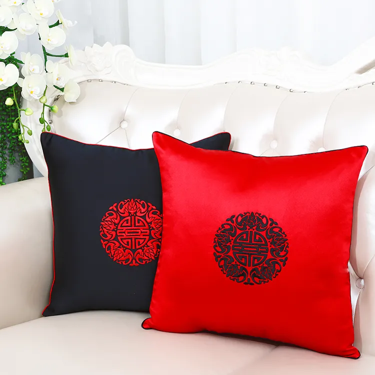 Fine Embroidery Joyous Chinese Silk Kudde Cover Sofa Stol Lumbar Pillow Office Hem Dekorativa Kuddar Jul Lyx Kudde Skal