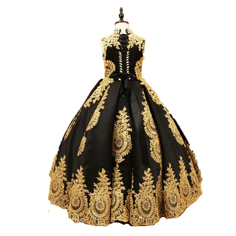 Sexy preto e ouro laço flor meninas vestido 2022 pescoço alto com espartilho volta cristal bola vestido de desenhista primeiro comunhão vestidos de concurso