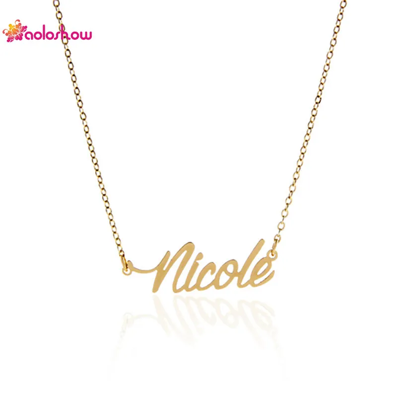 Collier avec nom personnalisé pour femmes, bijoux à la mode "Nicole", en acier inoxydable et or, pendentif personnalisé avec plaque signalétique, NL-2411