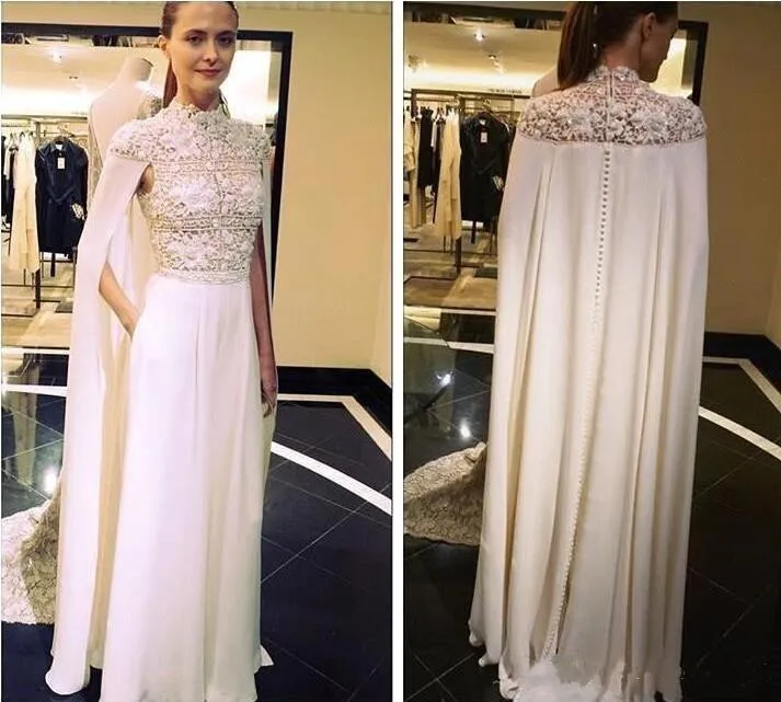 Arabic Zuhair Murad Elegant Evening Dresses with Cape High Neck Lace Prom Gowns Floor Length Plus Size Special Ocn Dress