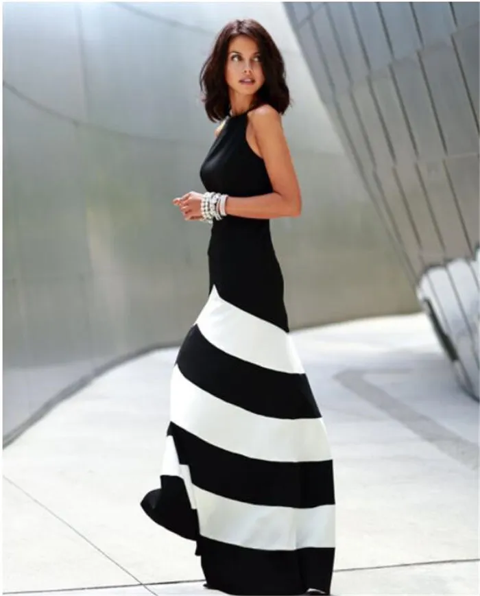 Vestido maxi listrado preto e branco vestido feminino vestidos de verão vestidos formais listras longas maxi vestido de noite M1677033446