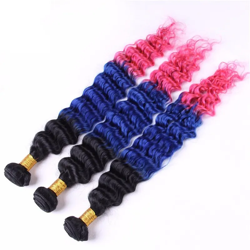 Brazilian Three Tone Ombre Human Hair Weaves Extensions Deep Wave #1B Blue Pink Ombre Virgin Human Hair Bundles Deals Double Wefts