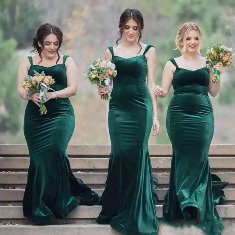 2019 Brautjungfernkleid aus smaragdgrünem Samt, lange Meerjungfrau-Träger, Brautjungfern-Ehrenkleider mit Sweep-Zug, Party-Cocktailkleider für Damen