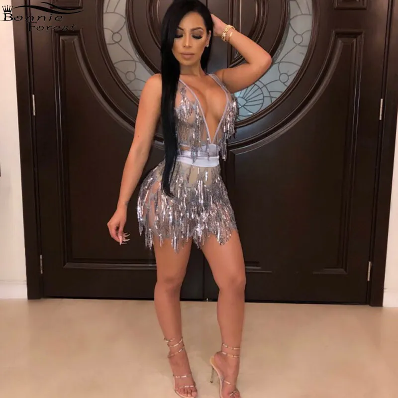 Bonnie Forest Sexy Silver Bling Sequins Tassel Bodycon Платье Женщины Bandage Mesh V-Wee Backbloe Fringed Party Reay Outifits