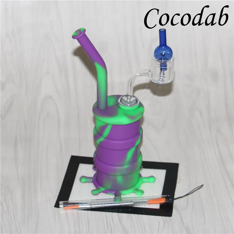 Hot selling Hookahs silicon water pipe oil rigs with double tube quartz thermal banger +glass carp cabs dab rig silicone wax pads dabber tools