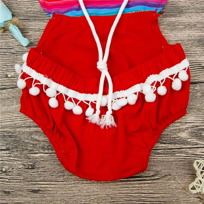 Sevimli Bebek Kız Tulum 2018 Yaz Tek parça Kıyafetler Bebek Giysileri Bebek Yürüyor Kızlar Tulum Gökkuşağı Çizgili Püskül Bodysuit Çocuk Giysileri