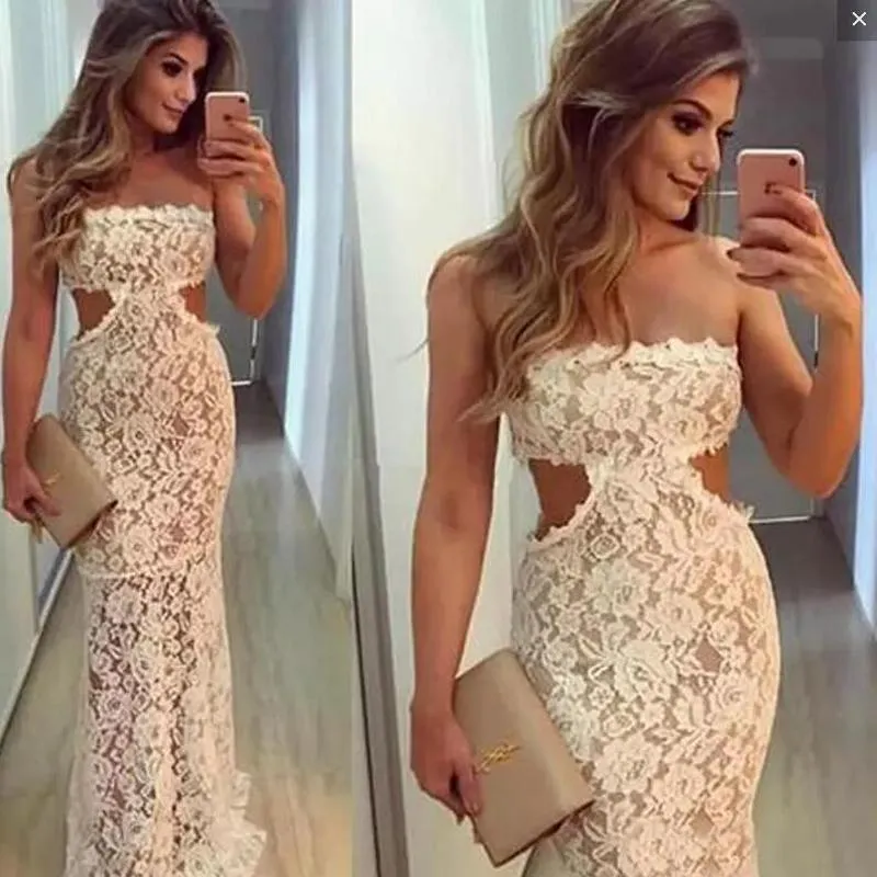 Full Lace Prom Klänningar Sexig Strapless Cut Our Waist Mantel Aftonklänningar Se genom golvlängd Formell Party Dress Billiga Vestidos