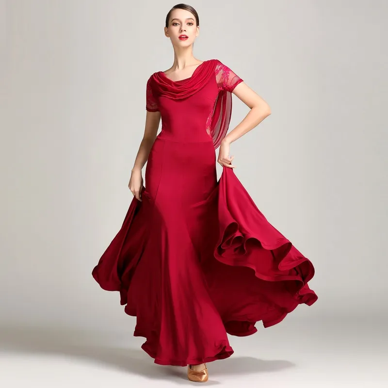 Red Lace Ballroom Dance Dresses Ballroom Waltz Dresses for Dancing Clothes Waltz Foxtrot Flamenco Modern Dance Costumes