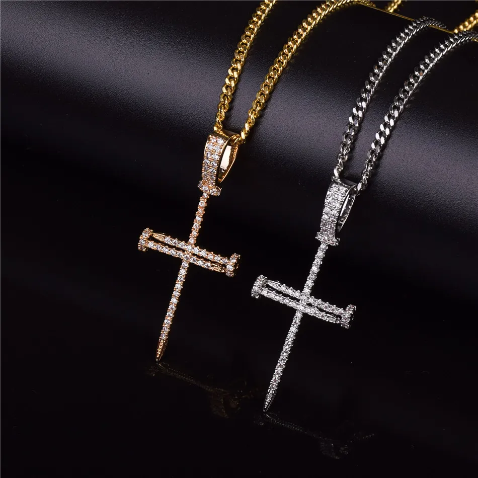 Colgante de Cruz de circón dorado para uñas, Material de cobre, plata y oro, colgantes de circonia cúbica cruzada, collar, cadena, joyería de Hip Hop