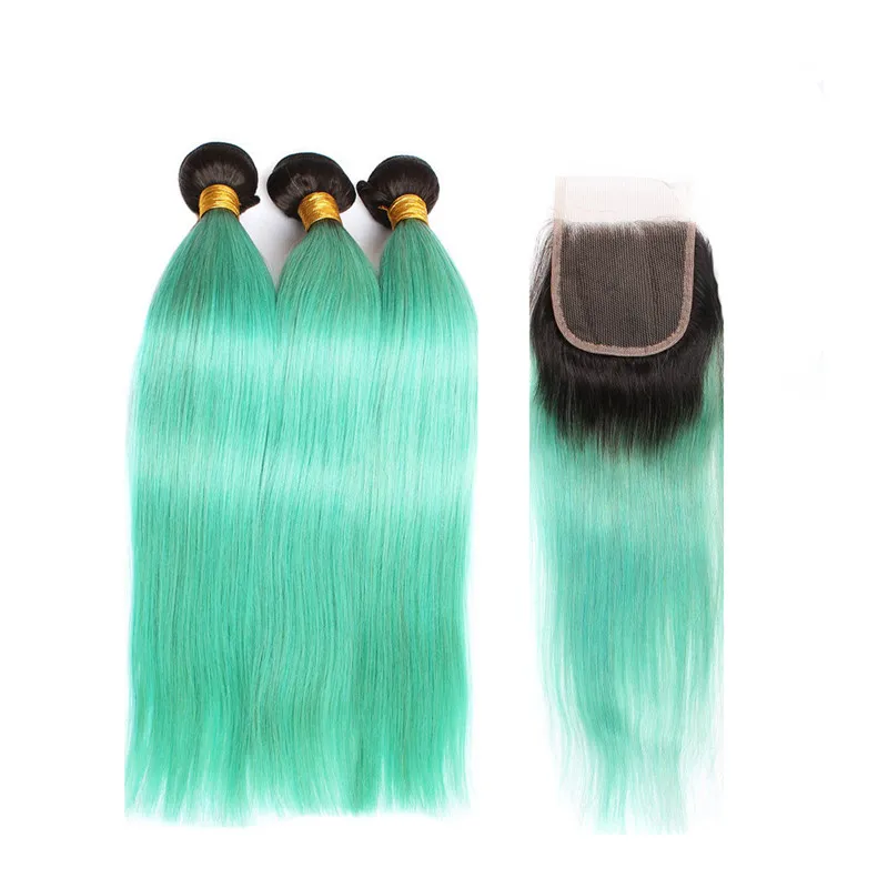 Brazilian Ombre Light Green Human Hair Weave Bundles with 4x4 Lace Closure Straight 1B/Green Ombre Virgin Hair 3 Bundle Deals with Closure