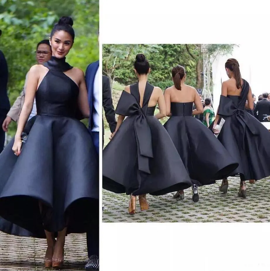 Elegancki 2019 Czarny Satynowy Arabski Druhna Suknie Halter Suknia Balowa Maid of Honor Dresses 2018 Długość kostki Formalne Party Suknie Custom Made