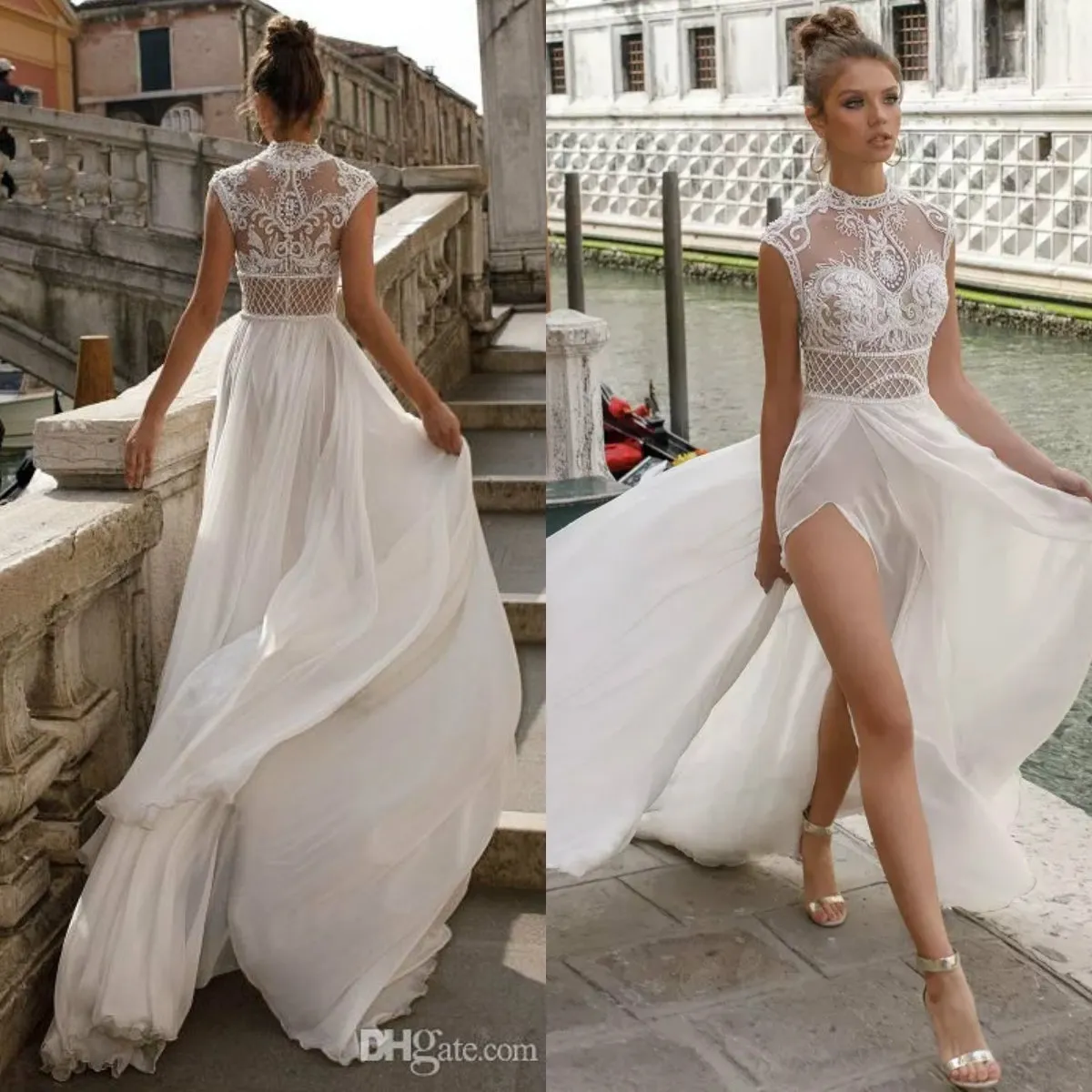 2022 Beach Wedding Dresses A Line Sexy High Split Cheap Deep V Neck Illusion Lace Applique Bohemian Bridal Gowns Robe De Mariée