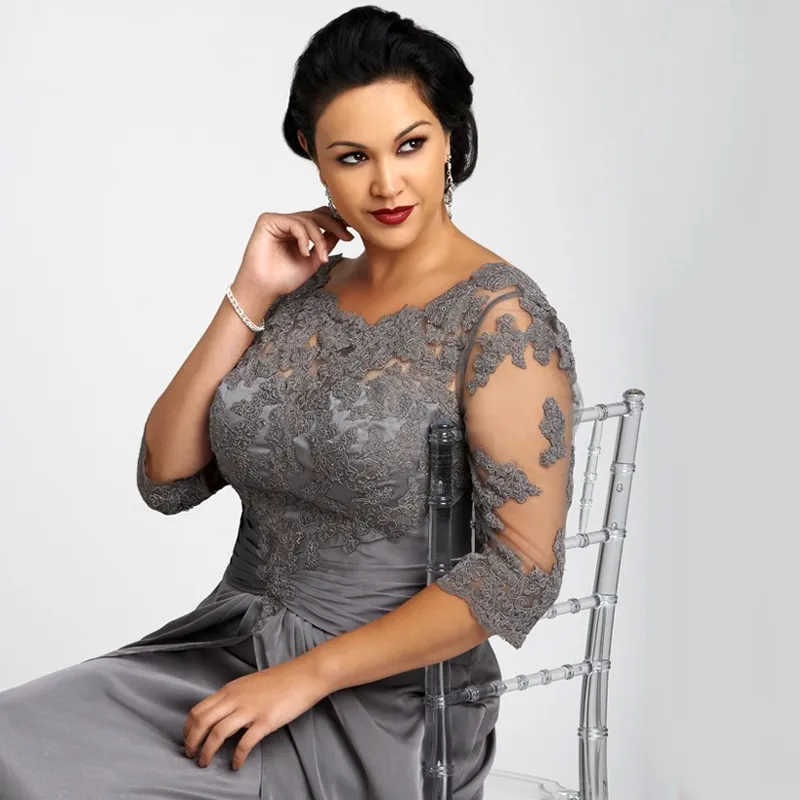 Gray Lace Chiffon of bride 2023 - Plus Size, 3/4 Sleeves, Floor Length, Customizable (HY329) Gray Lace Chiffon of bride 2023 - Plus Size, 3/4 Sleeves, Floor Length, Customizable (HY329)