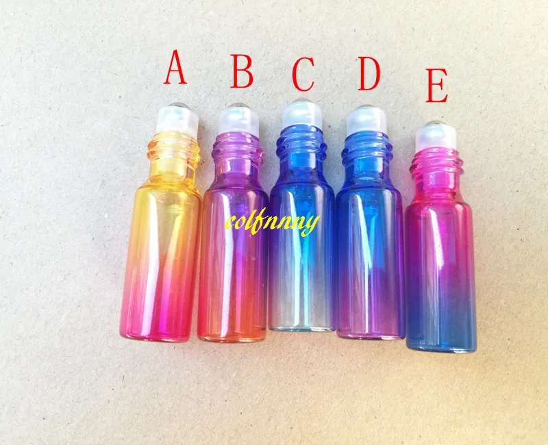 200PCS / Parti 5ml Gradient Rainbow Färgglas på flaska med stålrullflaska Essentiell olja Kosmetiska förpackningsflaskor C2201