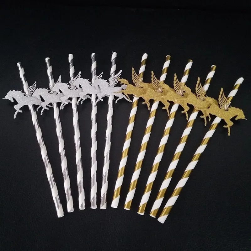 Pailles à boire créatives en forme de licorne volante, paille en papier pour Bar KTV, fournitures de décoration or argent 6rs BB