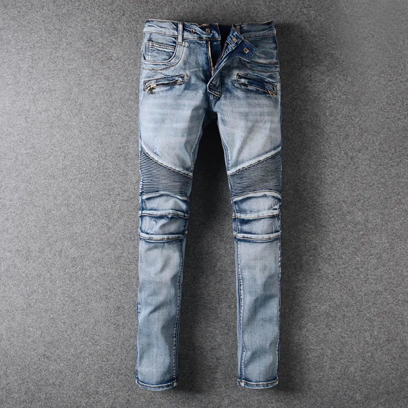 Nieuwe heren lichtblauw gescheurde rechte jeans mannen lente lange broek vervuilende slim fit mode broek Jean broek # 773