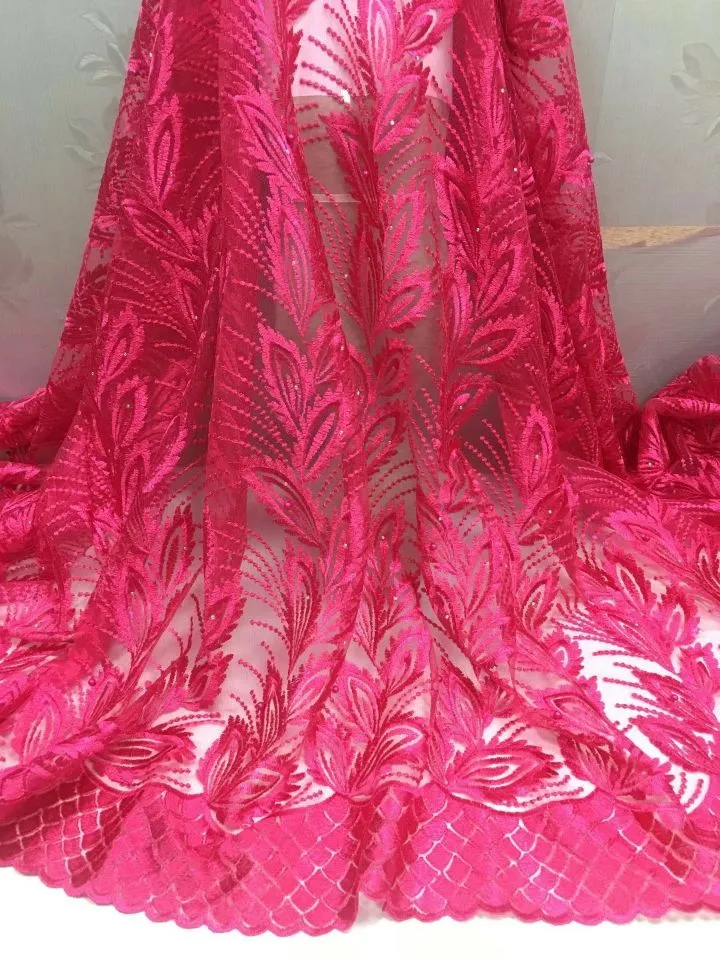 5Yards mycket bra försäljning fuchsia franska netto spets tyg och blomma broderi afrikansk mesh material för dressing cf122