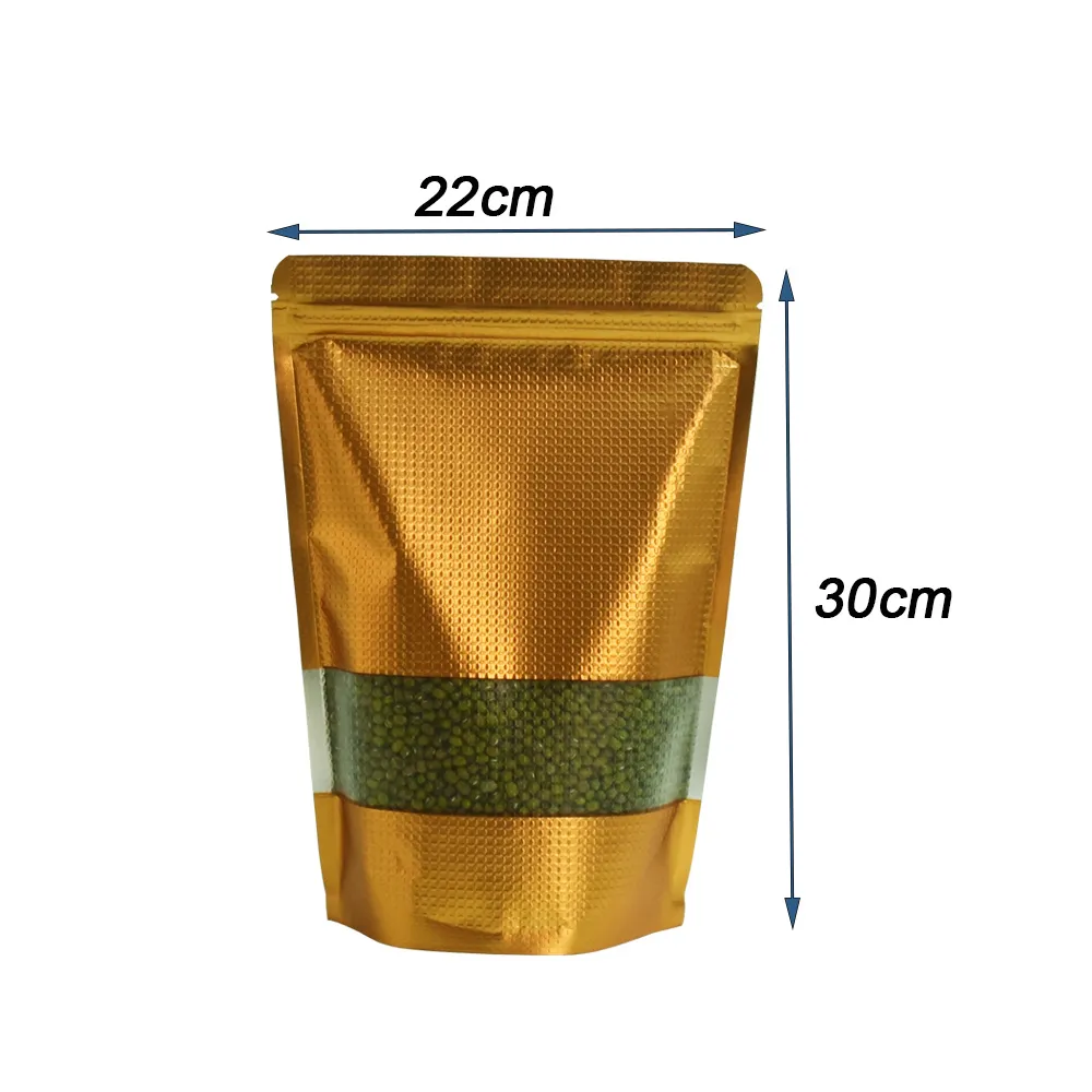 50pcs / lot 22x30cm suporte Resealable snack Embossed ouro folha de alumínio Pacote Bolsa Alimentação Tea Doypack Mylar Zipper saco com janela de plástico