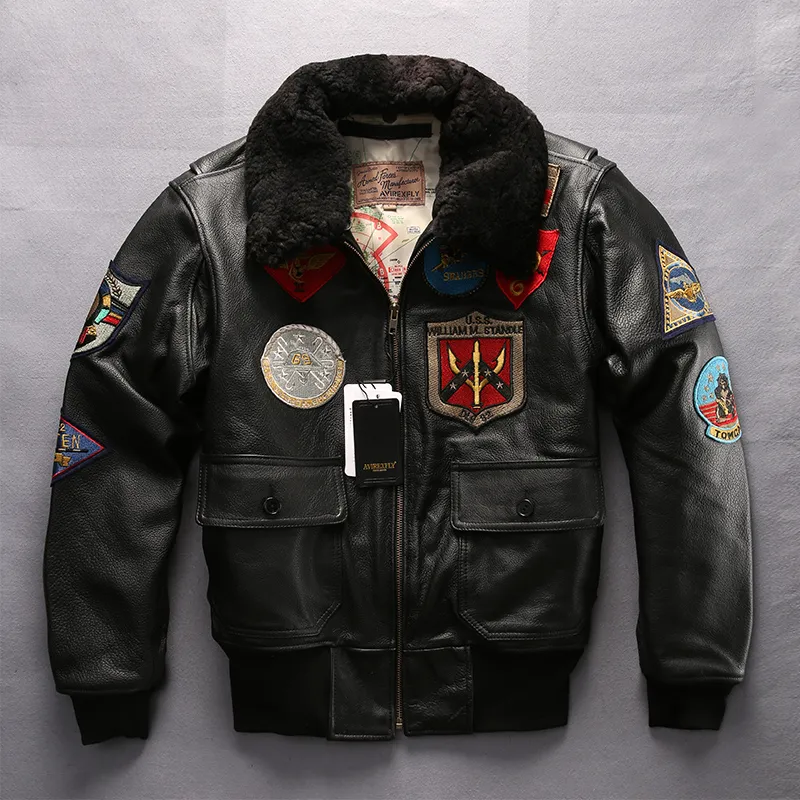 A2 air force flight suit AVIREXFLY cow leather jackets slim fit men flight bomber leather jacket with lamb fur collar