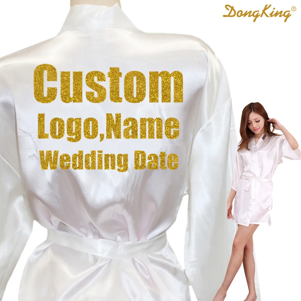 Custom LOGO Short Style Robes Bridal Party Kimono Robe Personalize Wedding Party Gold Glitter Print Satin Robes