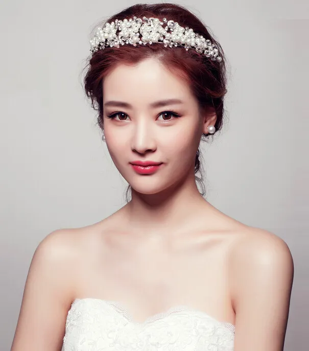 Korea Pearl Bridal Crowns Hairbands Silver Bridal Tiaras Meisjes Hoofdbanden Kristal Bruiloft Diadeem Koningin Crown Tiara Bruiloft Haaraccessoires