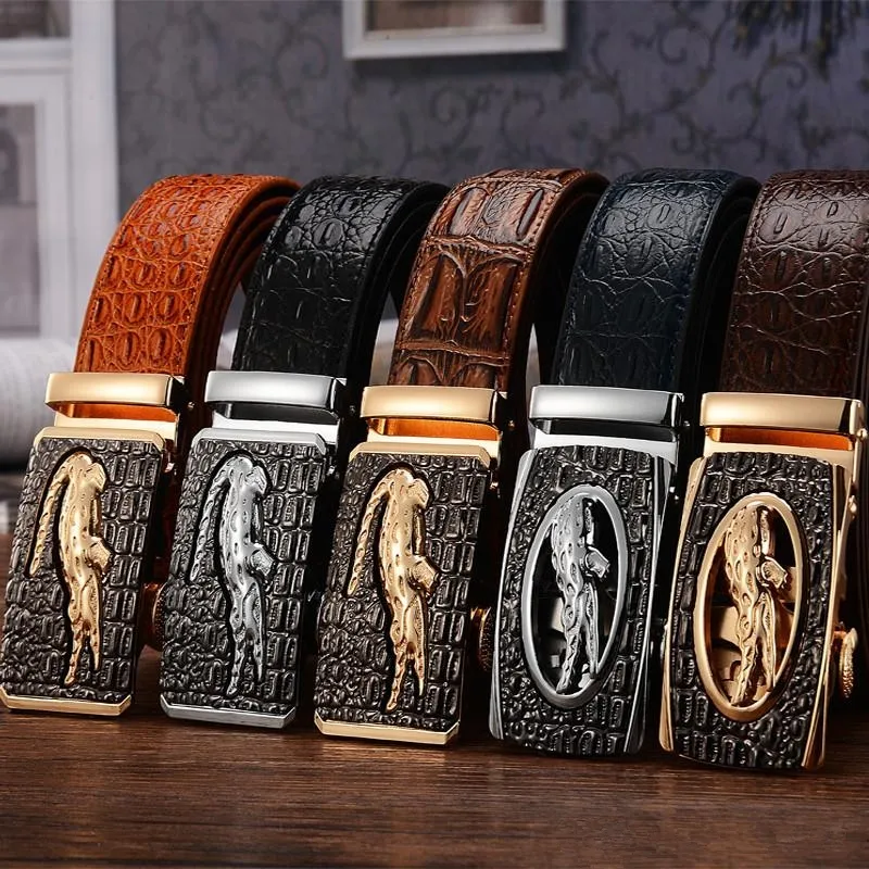 Mens Alligator Embossed Plaque Buckle Cowskin Genuine Leather Ratchet Belt 3D Crocodile Pattern Jeans Belts For Men 