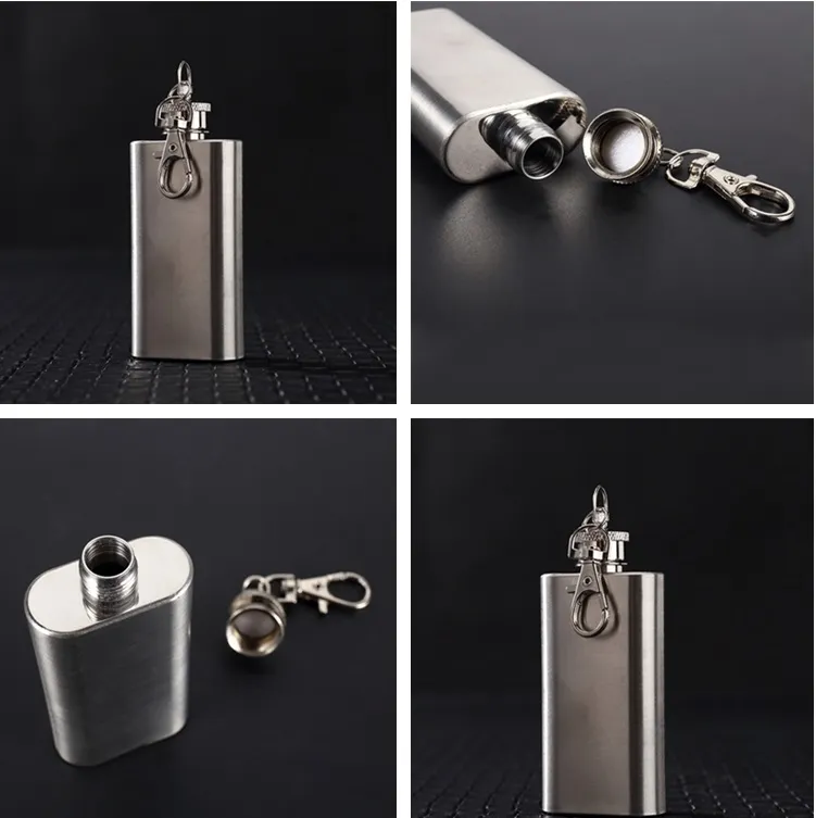 New 100% stainless steel pocket flask 2oz stainless steel hip flask with Key chain Wine Glass Drinkware I372